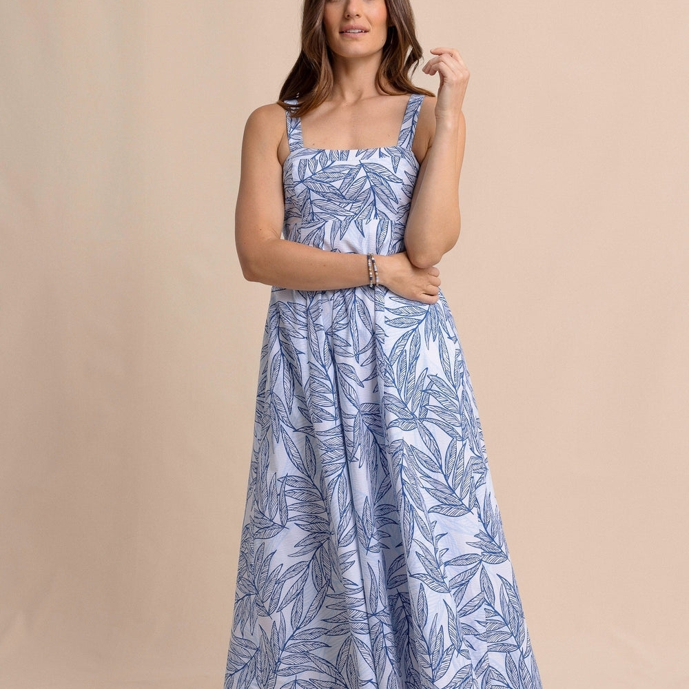 Blue Leaf Print Maxi Dress